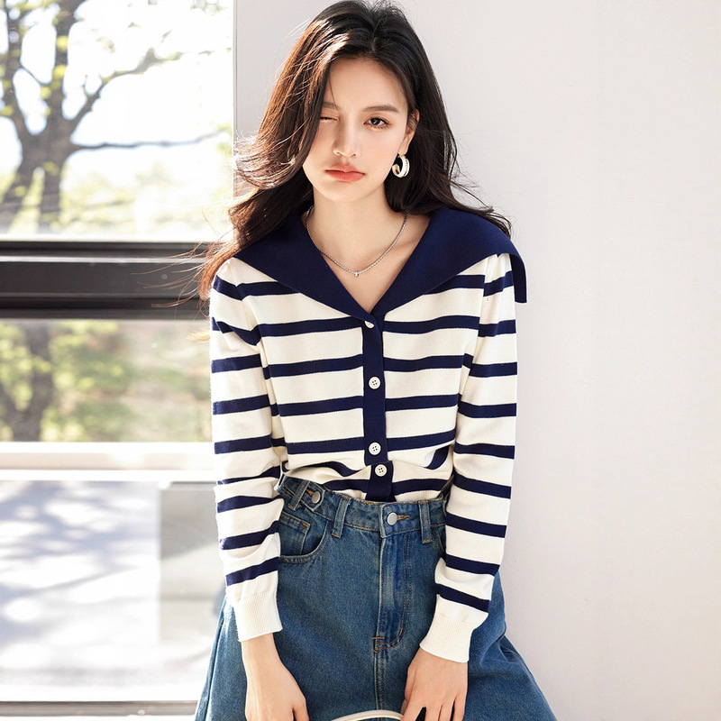 Blue and White Stripesd Knitted Cardigan for Women 2025 Autum New Navy Collar Top Thin Long-Sleeved Jacket A5937