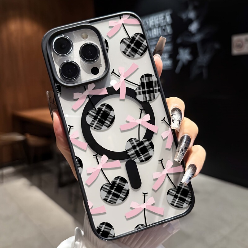 Black Plaid Cherry Picture Suitable for Apple 17Pro Black Frame 15 16 Magnetic Suction 13Promax Acrylic