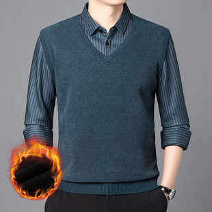 Autumn and winter men's new sweater fake two-piece top fleece-lined thickened shirt collar bottoming shirt one-piece velvet warm