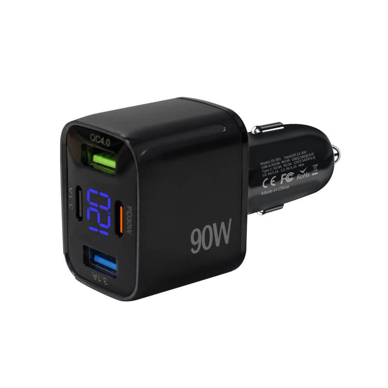 数显快充PD+QC3.0跨境车充多功能四口90W车载充电器工厂直销闪充|undefined