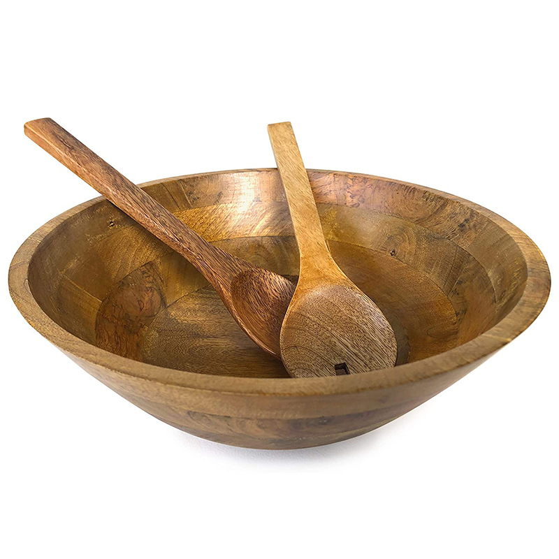 东莞外贸工厂餐具定制带叉勺水果碗实木大号汤碗芒果木沙拉碗套装