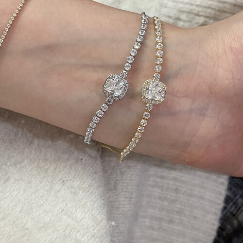 Silver and Gold-Tone Small Square Zirconia Bracelet -  Versatile Pull-String Gentle Style Charm Accessory Cord