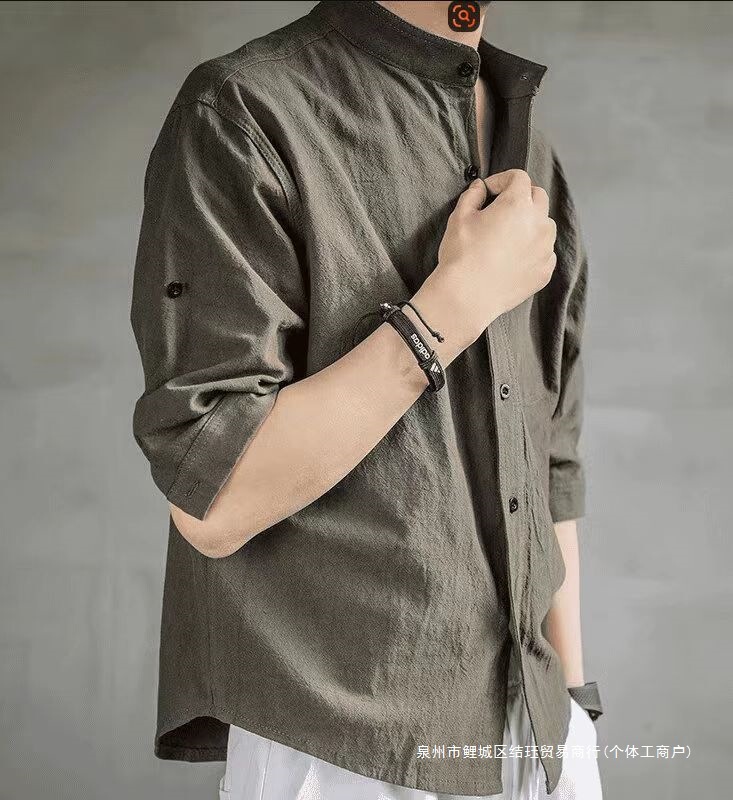 Cross-Border Foreign Trade Spring and Summer Korean Style Trendy Shirts Stand Collar Short Sleeve Shirts Three-Quarter Sleeve Plus Size Men's Shirts