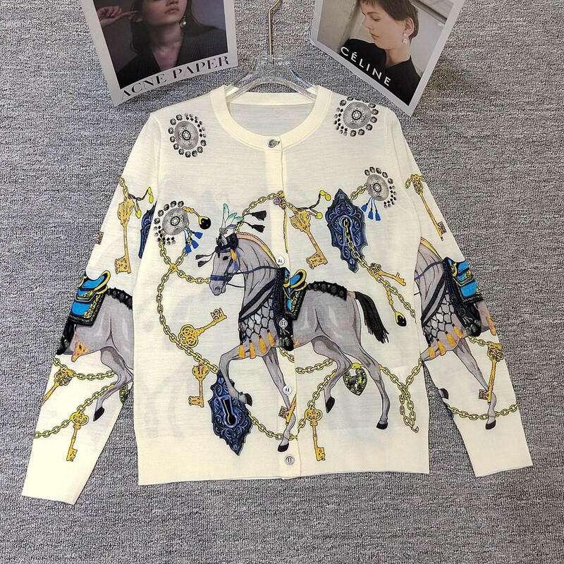 Yangzi Wool Fashion Printed Cardigan Wool High-End Work Commuter Women