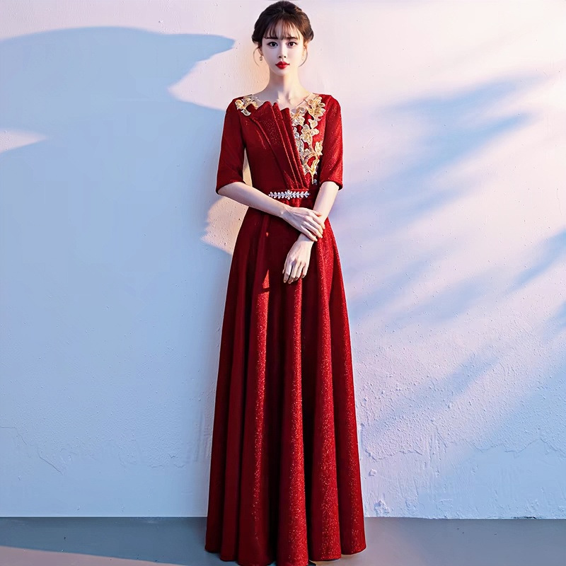 合唱団パフォーマンス服ロングスカートドレス新しい大人の合唱指揮者パフォーマンスコンテストホスト赤い歌 7 月 1 日|undefined