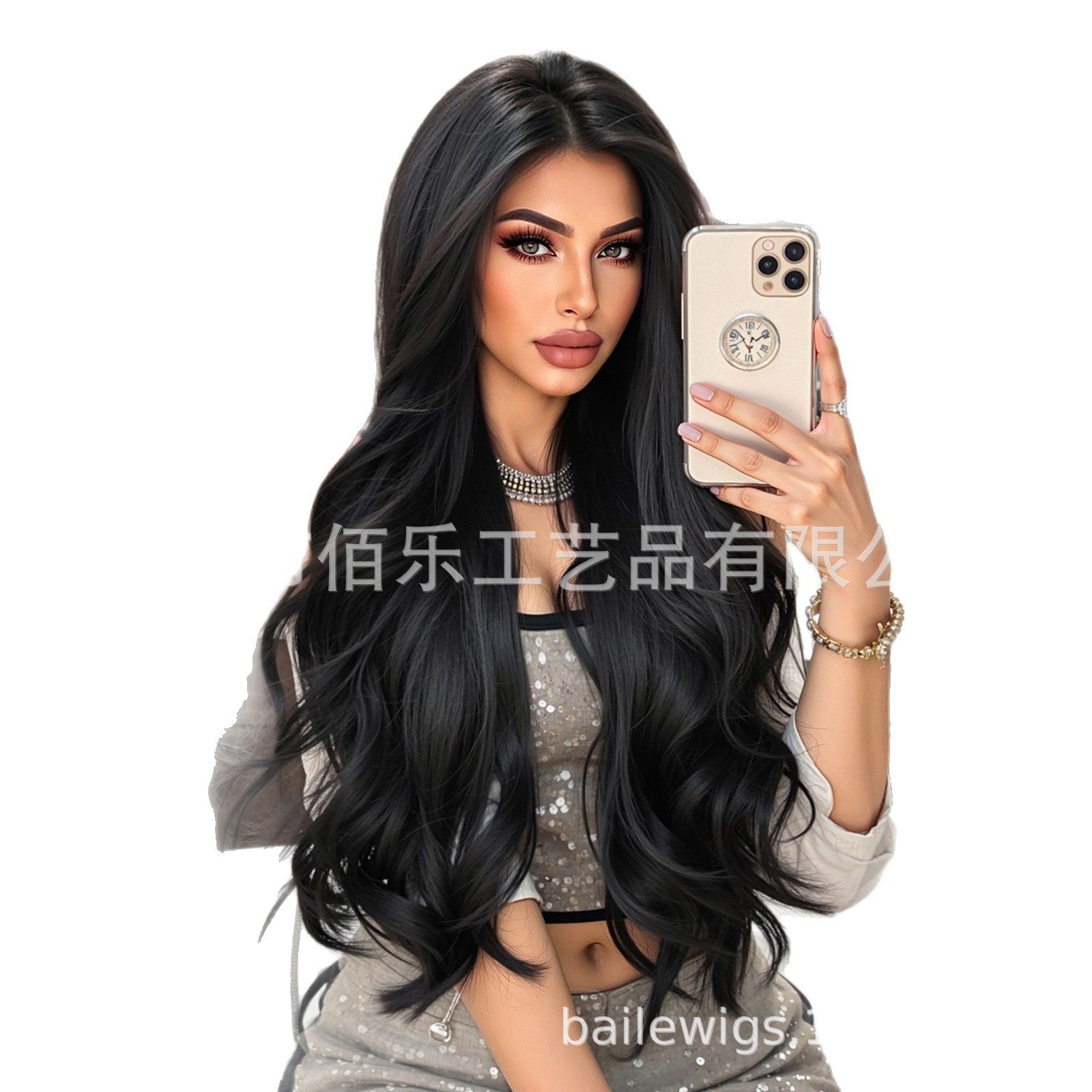 Peluca transfronteriza, cabello largo y rizado de punto medio negro, seda de alta temperatura, cubierta de cabeza completa, fibra química, hair femenino, stock europeo y americano al por mayor