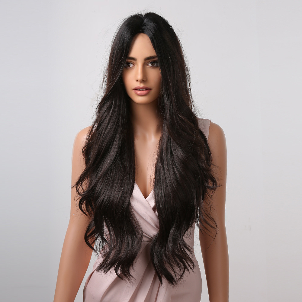 Peluca negra de las mujeres cubierta de cabeza completa natural de las mujeres Big Wave simulación de cabello rizado largo Peluca de moda de cabello humano completo