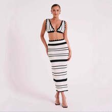 欧美跨境条纹两件套女装亚马逊针织吊带裹胸上衣半身裙时尚套装女