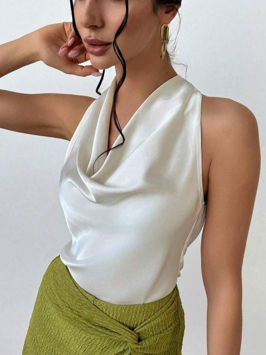 Ärmellose Damen Satinbluse Elegantes Business Oberteil Für Sommer_voghion.com