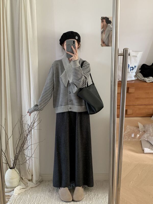 套装女2025秋冬新款条纹针织衫毛衣搭配半身裙子春秋两件套装韩系|undefined