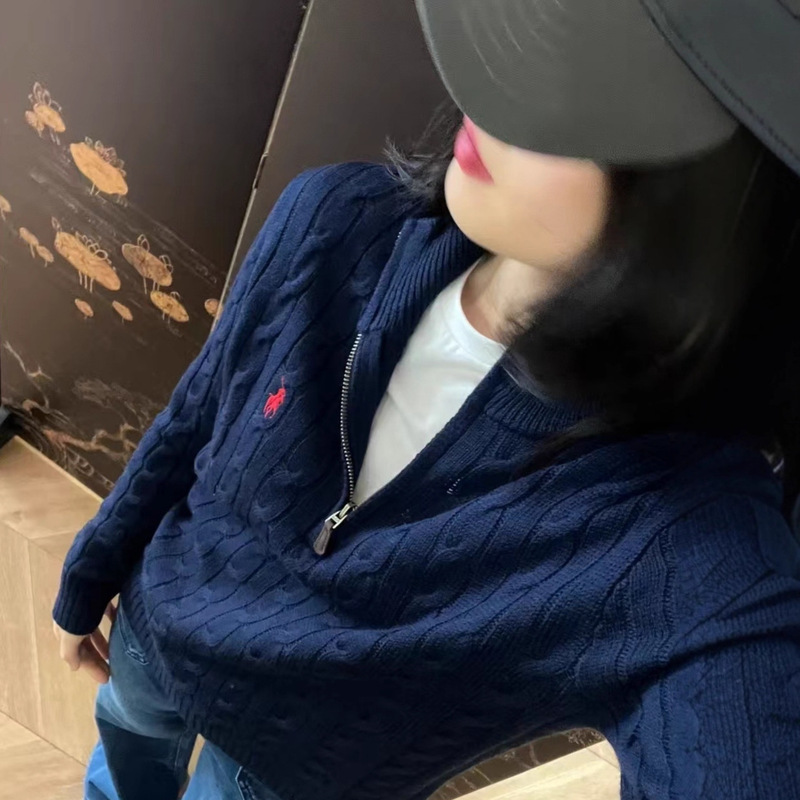 Scan Code Rl Laff Pony Logo Retro Half-Zip Cable Knit Sweater for Women, Loose Lazy Style Knitted Top New Model