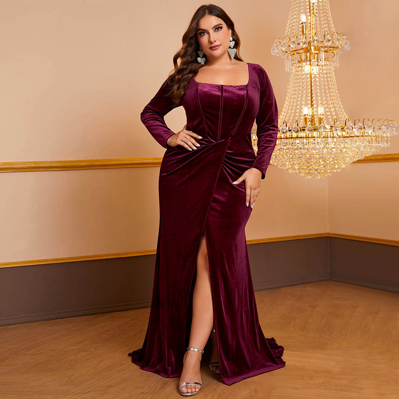 Women's Plus Size Ball Gown Evening Dress, Velvet Long-Sleeve Dress, Cross-Pleated Slit Dress-Fsst2094