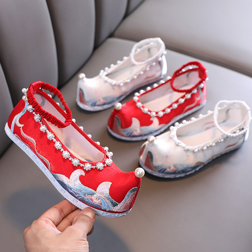 Blue sea Fairy Hanfu Shoes girls ancient costume Chinese wind old Beijing cloth shoes embroidered shoes with flat children shoes