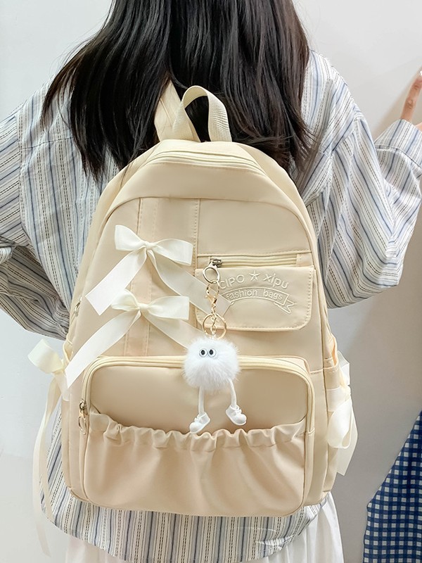 女子大生用ランドセル、大容量カレッジスタイルバックパック、かわいいリボンバックパック、シンプルなプリーツ学生バッグ|undefined