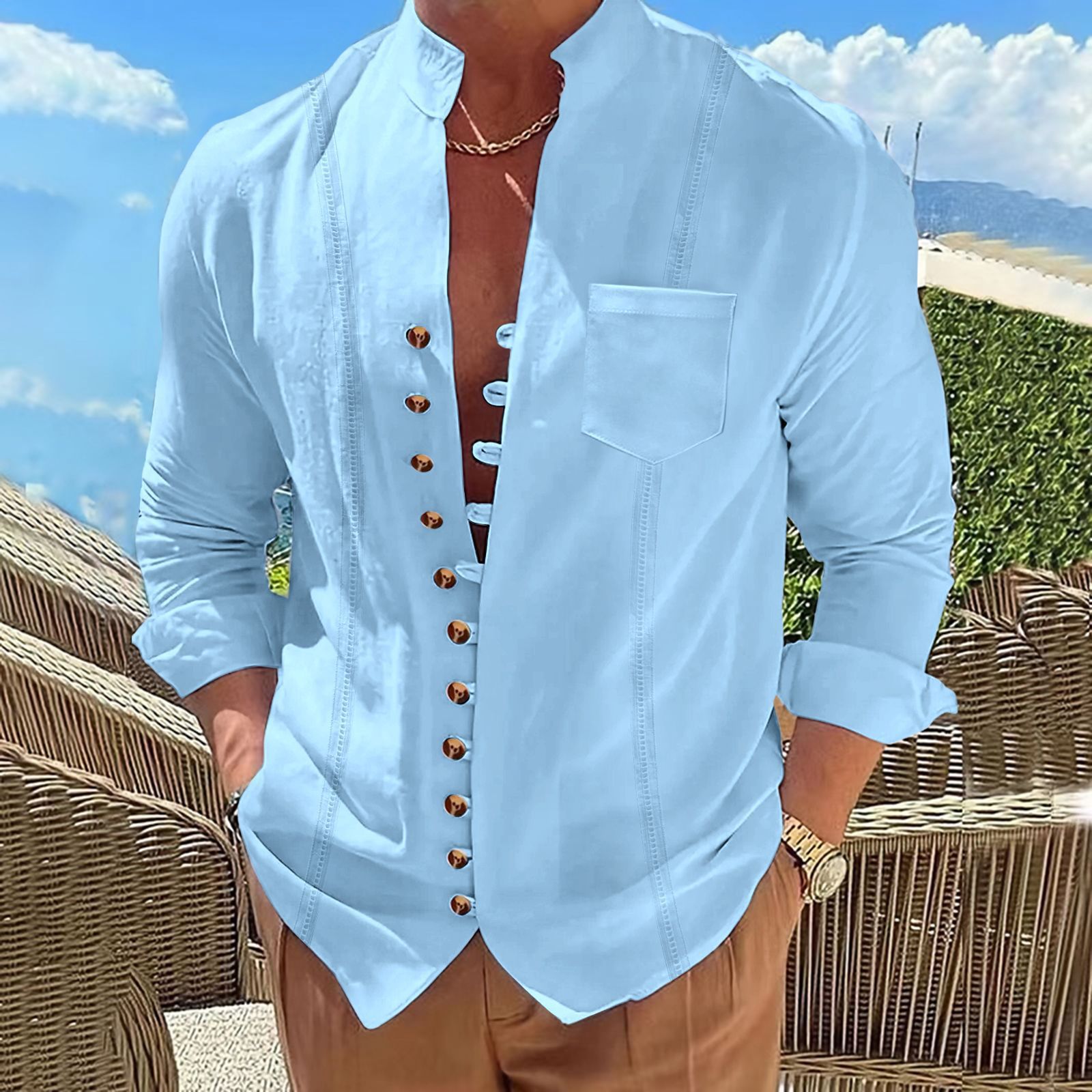 Men's Long-sleeve Patchwork Cotton-linen Coat With Pockets_voghion.com