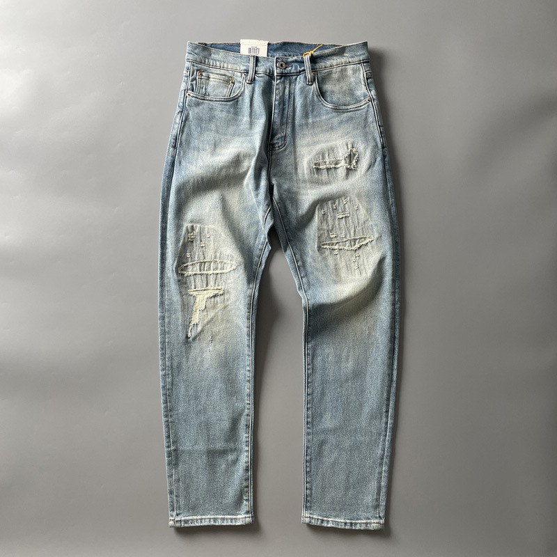 Ripped patch jeans men's Japanese retro pure cotton washed distressed trendy straight casual long pants men Ripped patch jeans men's Japanese retro pure cotton washed distressed trendy straight casual long pants men