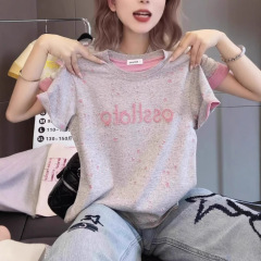 今年の新しい2025夏グレー半袖Tシャツレディースレター刺繍デザインコントラストカラー痩身と年齢軽減トップ