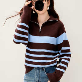 韩版气质POLO领洋气显瘦条纹设计感针织衫女2025秋冬新款百搭毛衣