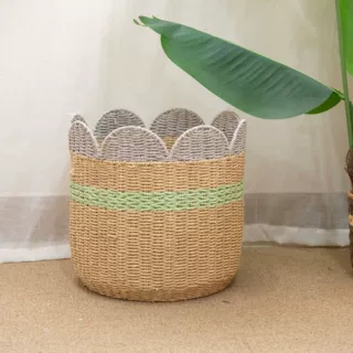 定制拼色花边纸绳收纳筐手工编织杂物收纳篮儿童房玩具衣物整理筐