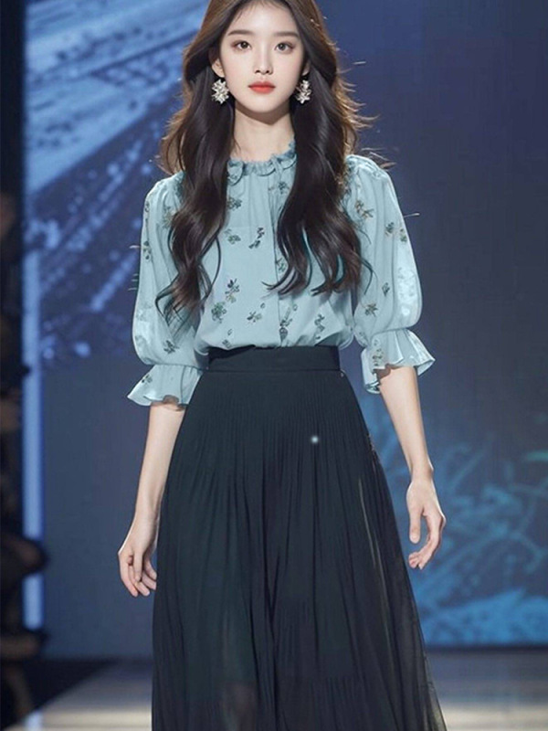 茶系穿搭一整套绿色碎花衬衫半裙套装2025年新款女装早秋时尚减龄|undefined