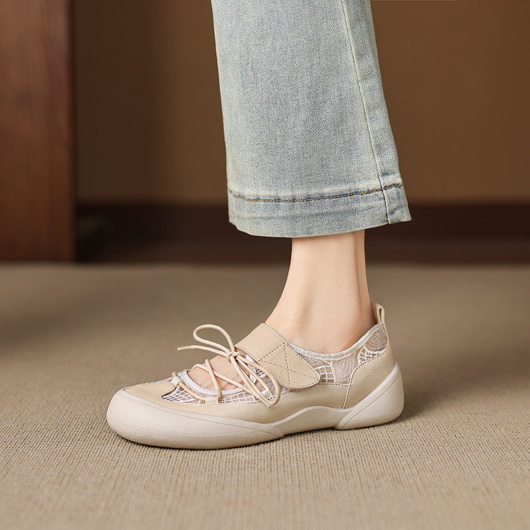 Giày sneaker nữ đế dày ren lưới phối màu cổ thấp — màu trắng ngà chi tiết 54