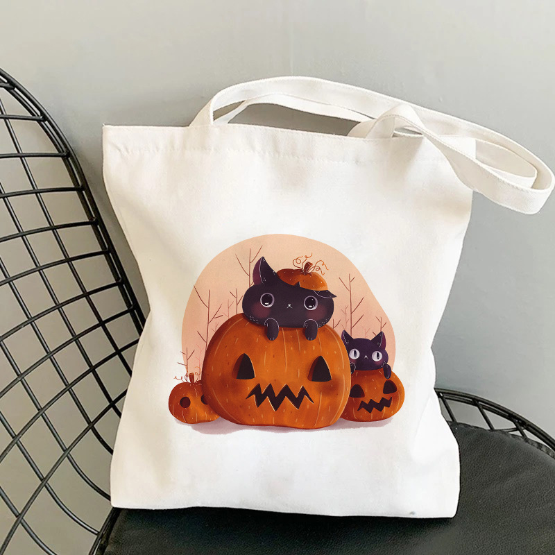 Animal, Pumpkin, Letter Pattern Halloween Unisex Canvas Animal Pumpkin Letter Streetwear Square Open Shoulder Bag Canvas Bag