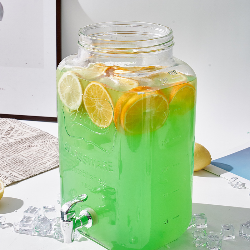 Barril de Coca-Cola, botella de vidrio con grifo, barril de bebida, jugo de limón, frutas, barril de té, barril de mezcla