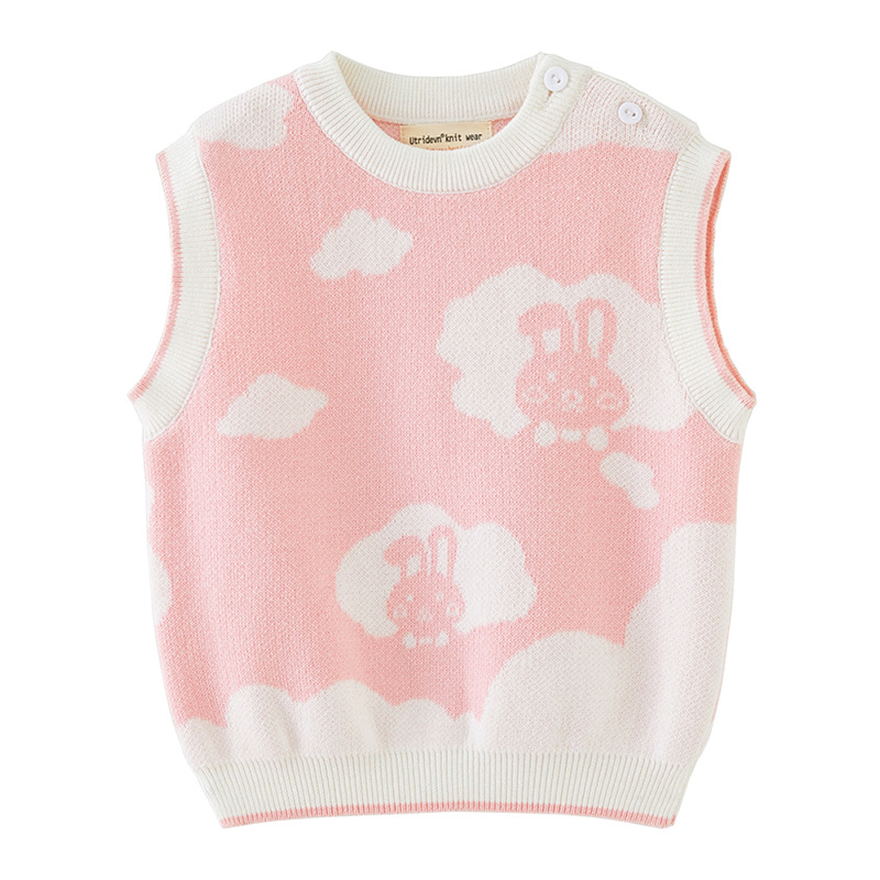 2023 primavera y otoño ropa infantil pequeño conejo blanco jacquard algodón suéter chaleco lindo estilo occidental pequeñas y medianas niñas Chaleco de punto