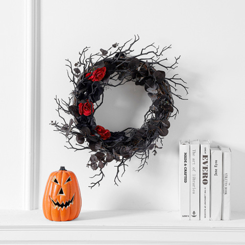 Hong Kong Love Halloween Dead Branch Wreath Simulated Flower Black Decorative Wreath Door Hanging Holiday Arrangement Rattan Wreath Wall Hanging