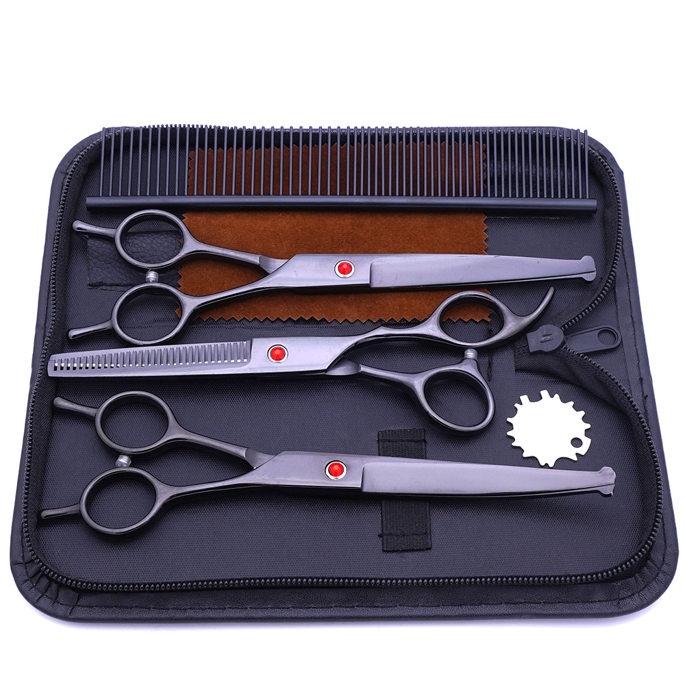 Fábrica directa de acero inoxidable mascotas belleza tijeras color cabeza redonda tijeras de diente fino tijeras pelo recorte curvo tijeras traje