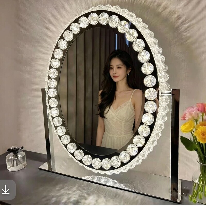 Rotating Smart Crystal Makeup Mirror with Led Lighting, Luxury Mirror with Front Light, Vanity Mirror with Metal Frame and Crystal Decoration