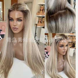 欧美假发女化纤钛金色长直发多色前蕾丝假发头套wig一件代发