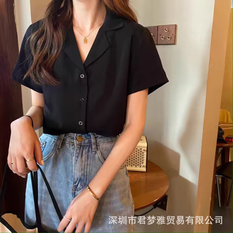 Black V-neck short-sleeved shirt women's summer design sense niche thin shirt French chic loose shirt top Black V-neck short-sleeved shirt women's summer design sense niche thin shirt French chic loose shirt top