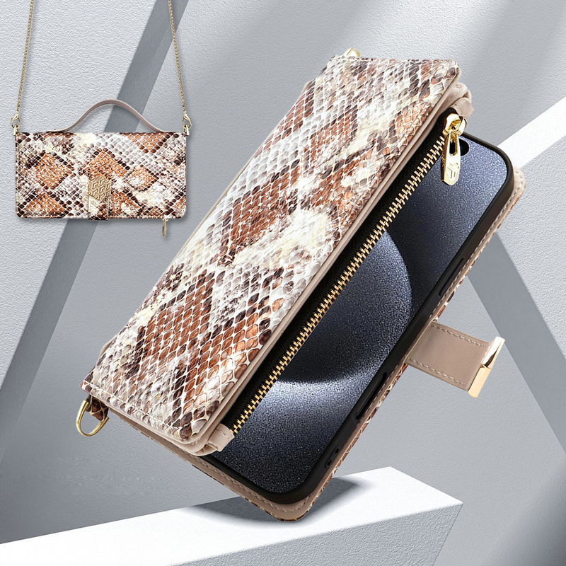 Suitable for Iphone17Pro Mobile Phone Leather Case Apple 16E Satchel Crossbody Bag 15 Snake Pattern Leather 14 Protective Case 11