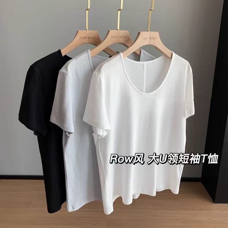 Row Style Scoop Neck Large U-Neck Center Seam Strong Twist Cotton Solid Color Versatile Slimming Short Sleeve T-Shirt for Women 25 Summer M0614N