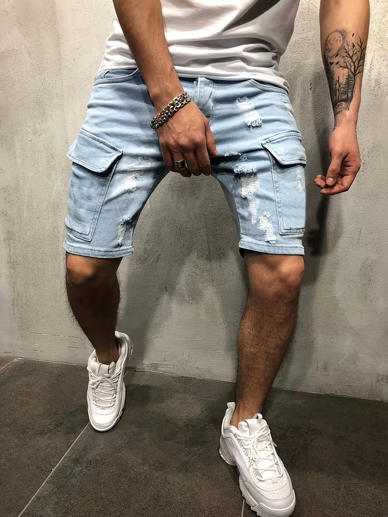 Men's Ripped Denim Shorts, Summer Stretch Cotton Cargo Shorts With Side Pockets, Slim Fit Casual Streetwear Style_viptrois.com