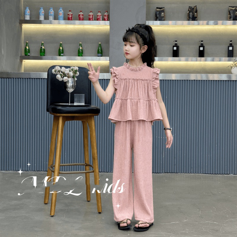 in dekliška poletna oblačila 2024 nova srednje velika do velika otroška majica brez rokavov, široke hlače v princeskinem slogu, dvodelna_voghion.com