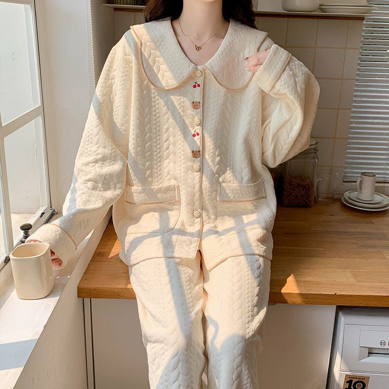 秋と冬の女性用パジャマ、暖かく厚みのある中間層エアコットン長袖ズボン、人形の襟、純綿の甘いホームウェアセット|undefined