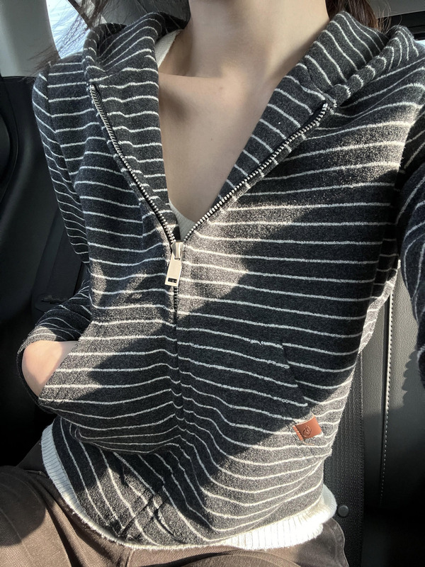 美式条纹开衫拉链长袖女春秋设计感修身收腰显瘦百搭休闲外套|undefined