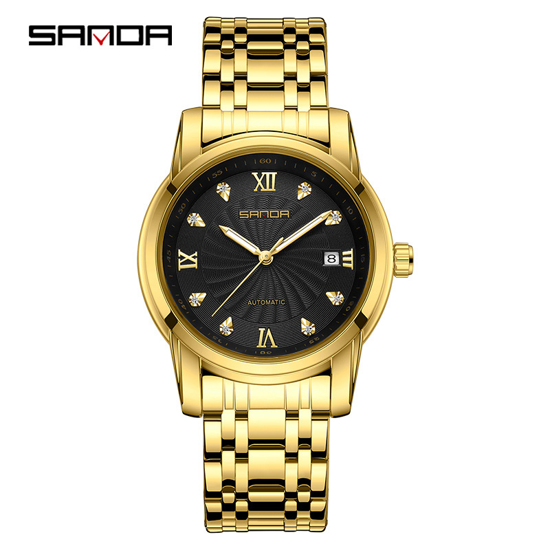Sanda 7007 correa de acero para hombre reloj mecánico automático transparente inferior rhinestone moda manual reloj mecánico