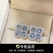 高版本HW四叶草18k耳钉女彩钻粉黑蓝黄白金色满钻耳饰设计耳钉批