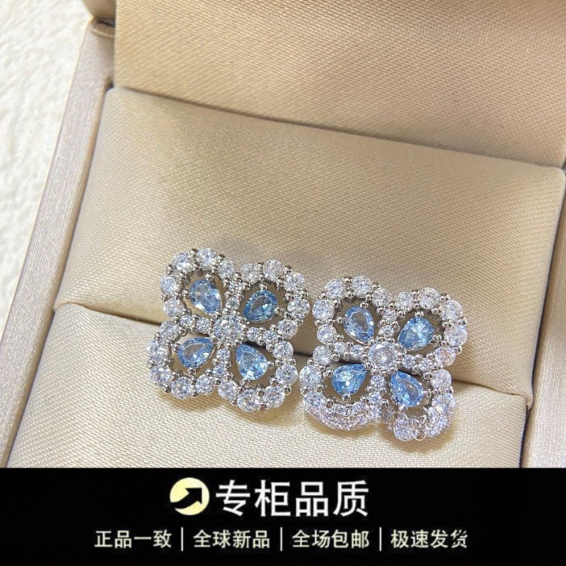 高版本HW四叶草18k耳钉女彩钻粉黑蓝黄白金色满钻耳饰设计耳钉批