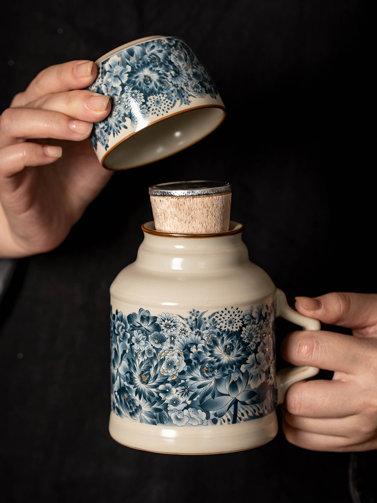 汝窑万金花小暖壶带盖马克杯大容量陶瓷伴手礼定 制保温瓶泡茶杯