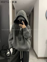 Z5H茉语灰色高级慵懒2025宽松新款连帽拉链针织毛衣开衫外套笙陇