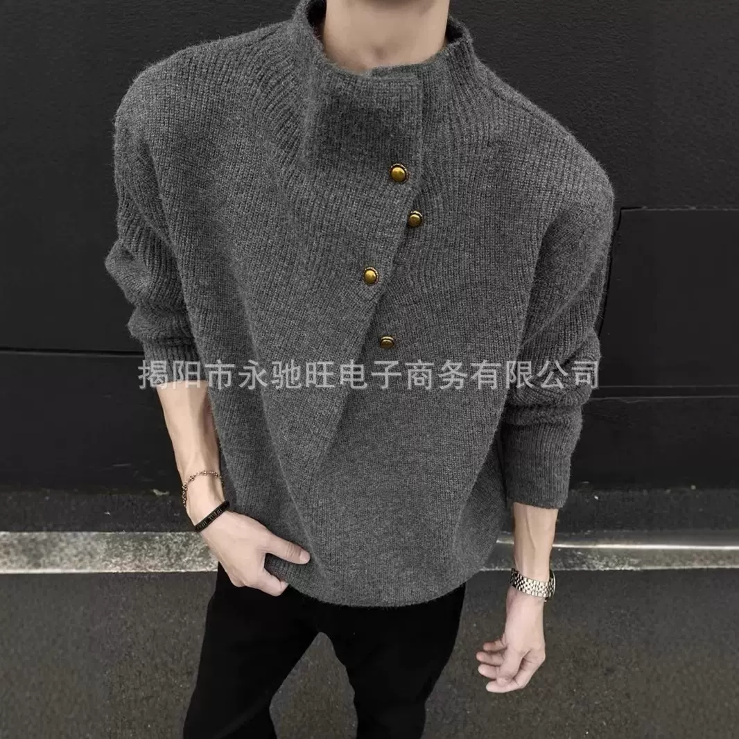 秋冬慵懒风高级感针织衫秋冬季新款美式复古高领纽扣设计感毛衣男