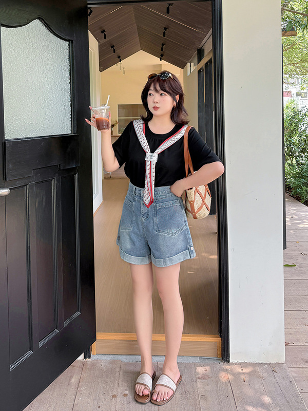 ダブルデイビッグサイズファットmm婦人服2025夏の新しいスタイルカバー肉痩身ファッションネクタイステッチラウンドネックtシャツ8980|undefined