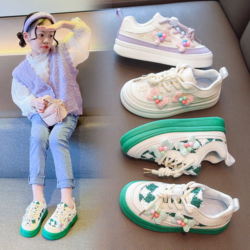 Girls sneakers 2024 spring and autumn new children's shoes Korean style cute little flower candy bow children's casual shoes