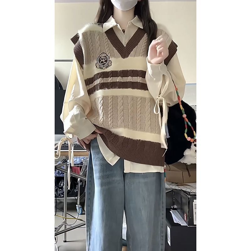 apricot Shirt Badge Vest (Two-Piece Set)