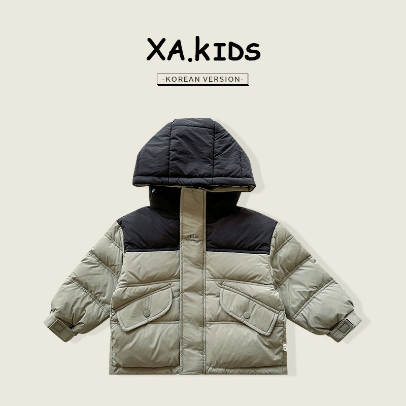 Xian'ao 2024 Winter New Children's Clothing Korean Style Stylish Patchwork Jacket Boys Color Block Hooded Down Jacket