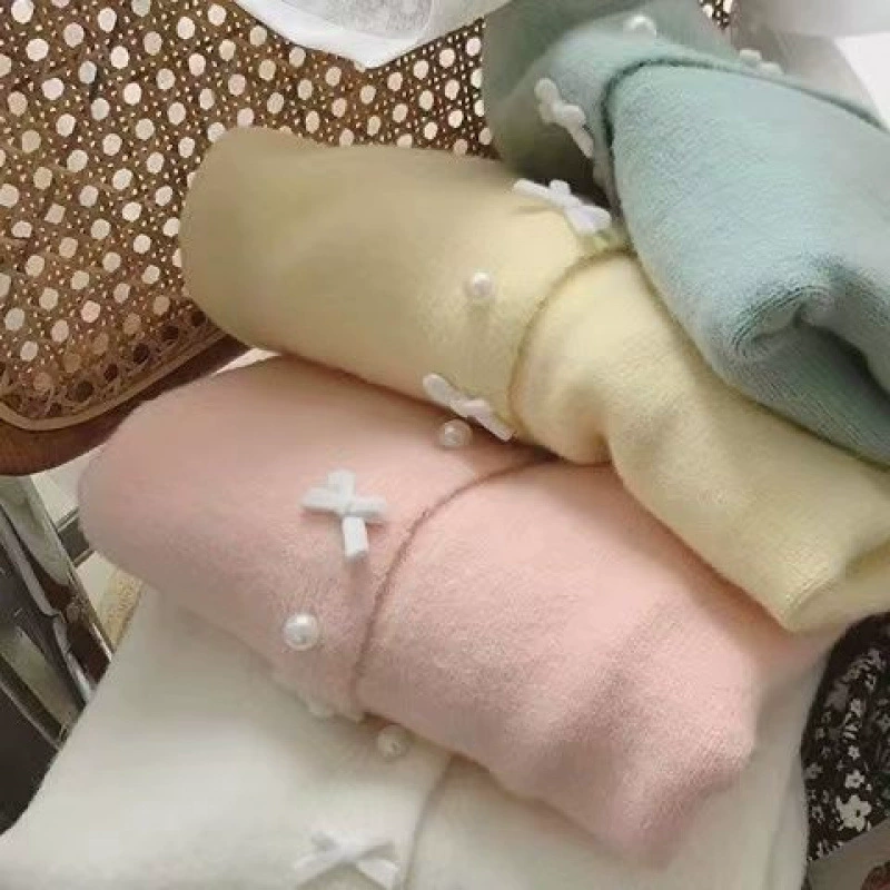 Демисезонный вязаный свитер из жемчужной пряжи, круглый воротник, оверсайз